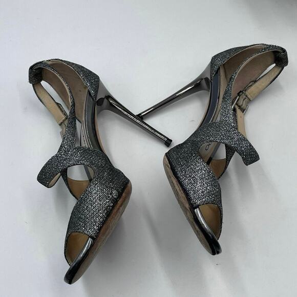 Jimmy Choo Lang Anthracite
Glitter Gunmetal Silver Lamè Ankle Strap Heels - Picture 5 of 9